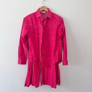 Vintage 80s Spencer Creations Red Denim Studded Western Wear Skirt & Jacket Sz M